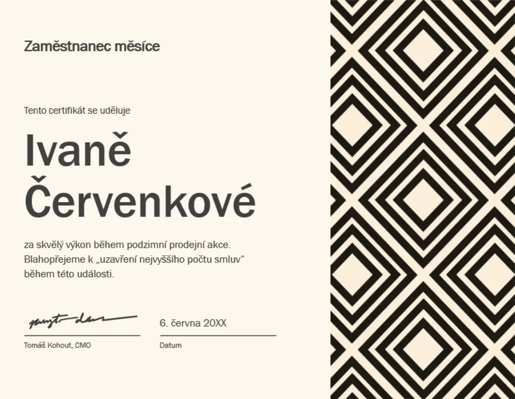 Kosočtvercový certifikát pro zaměstnance měsíce  yellow modern-geometric