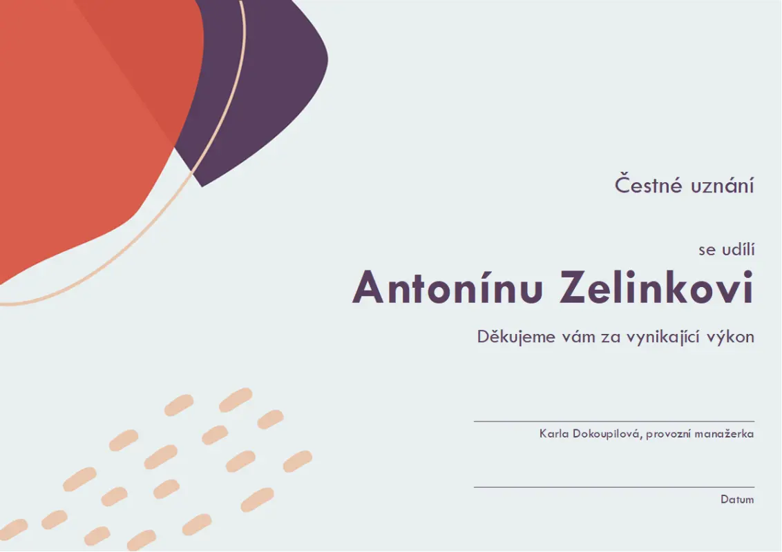 Čestné uznání pro administrativního pracovníka blue organic-simple
