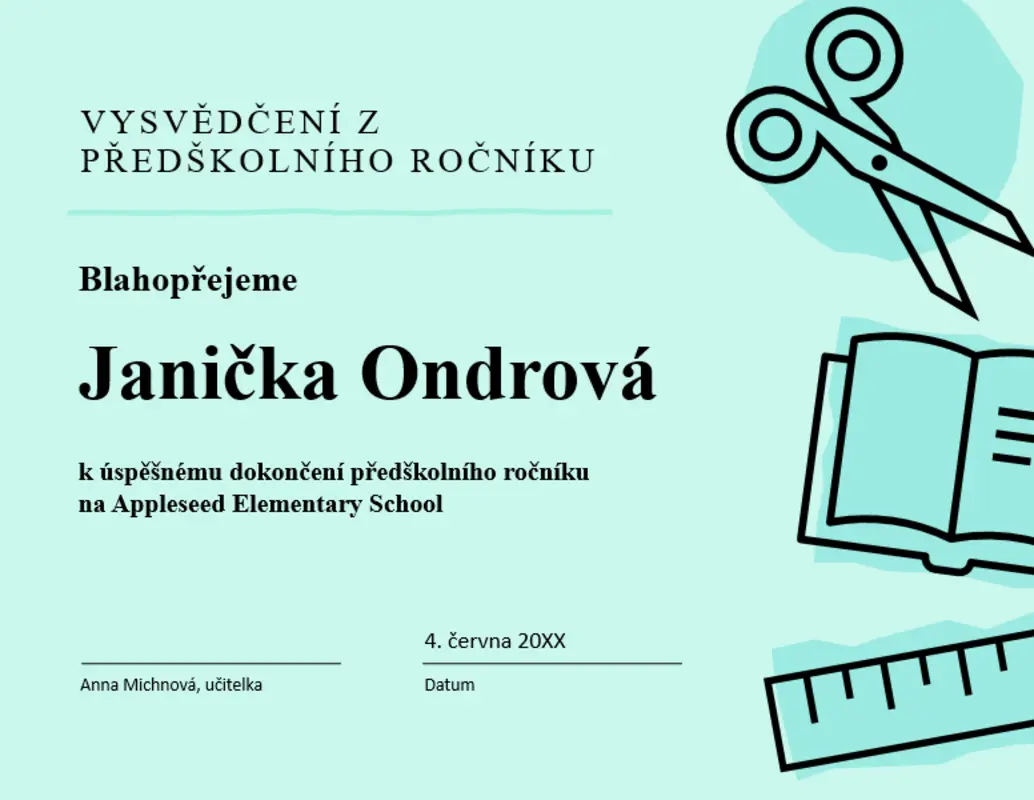 Vysvědčení z předškolního ročníku blue modern bold