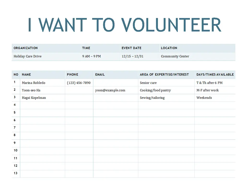 Volunteer sign-up sheet blue modern simple