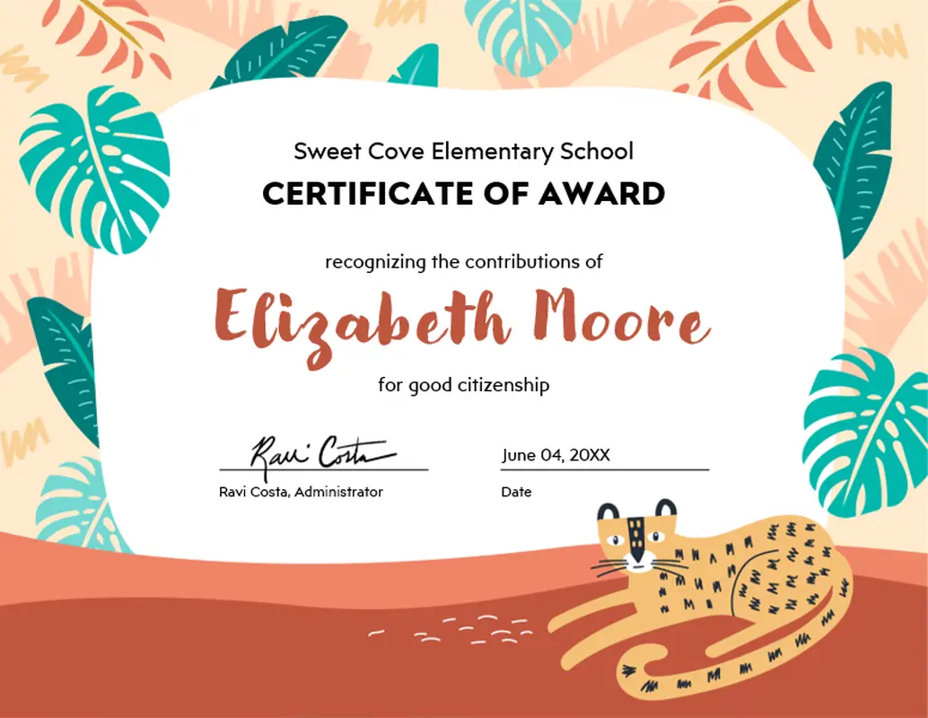 Elementary school award certificate blue whimsical color block