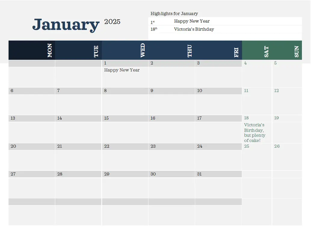 Modern calendar with highlights blue modern-simple