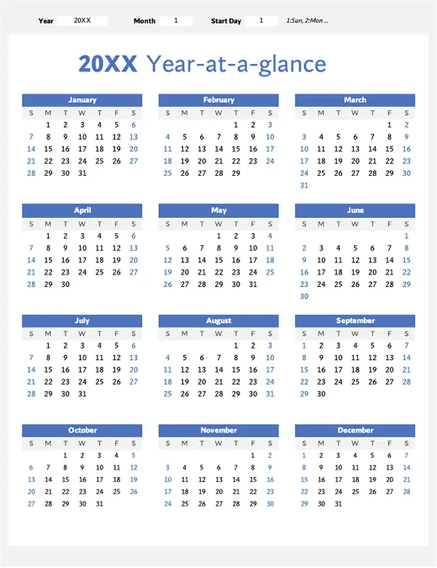 Any year at a glance calendar (portrait) blue modern-simple