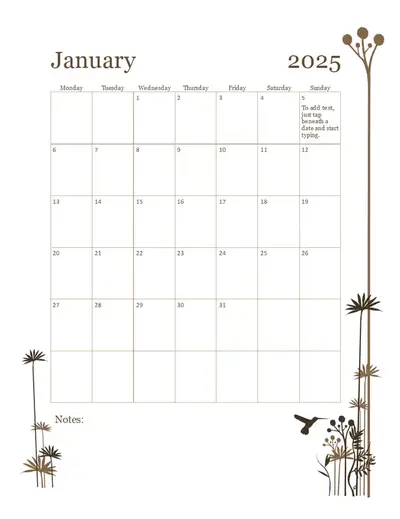 Hummingbird 12-month calendar (Mon-Sun) brown modern-simple