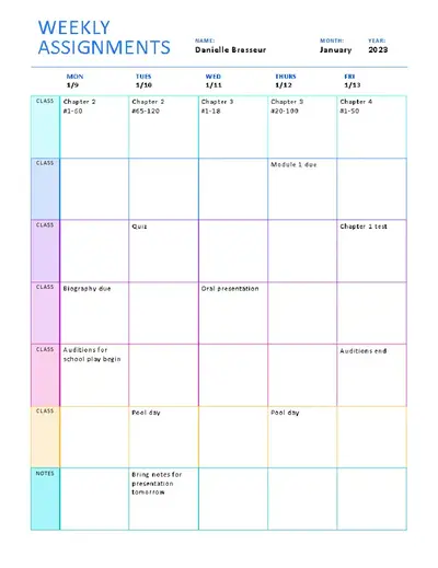 Weekly assignment sheet (color) blue modern simple