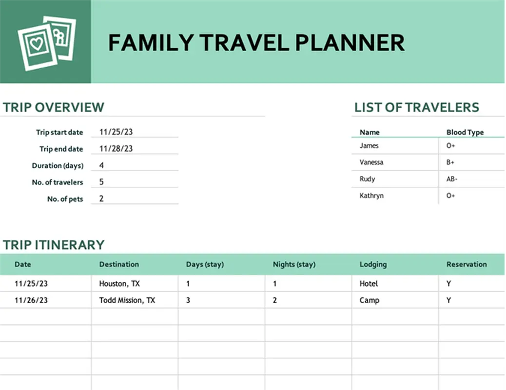 Family travel planner green modern simple