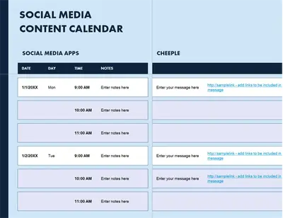 Social media content calendar blue modern simple
