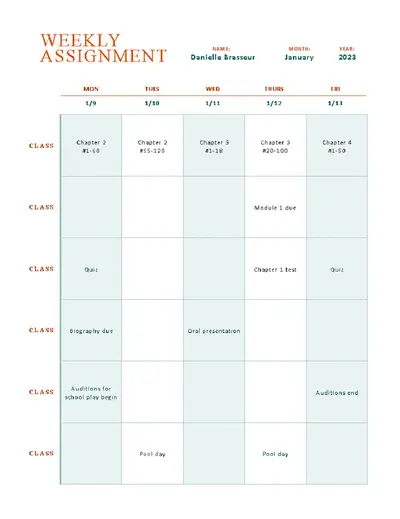 Basic weekly assignment tracker orange modern simple