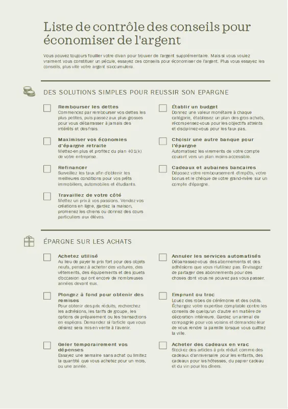 Liste de contrôle de conseils pour économiser de l'argent green modern simple