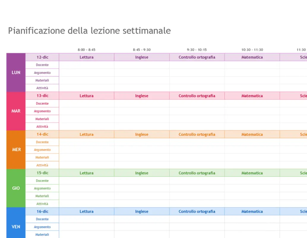 Pianificazione della lezione settimanale modern simple