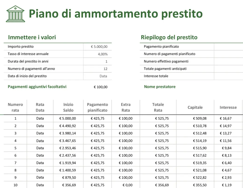 Piano di ammortamento prestito green modern-simple