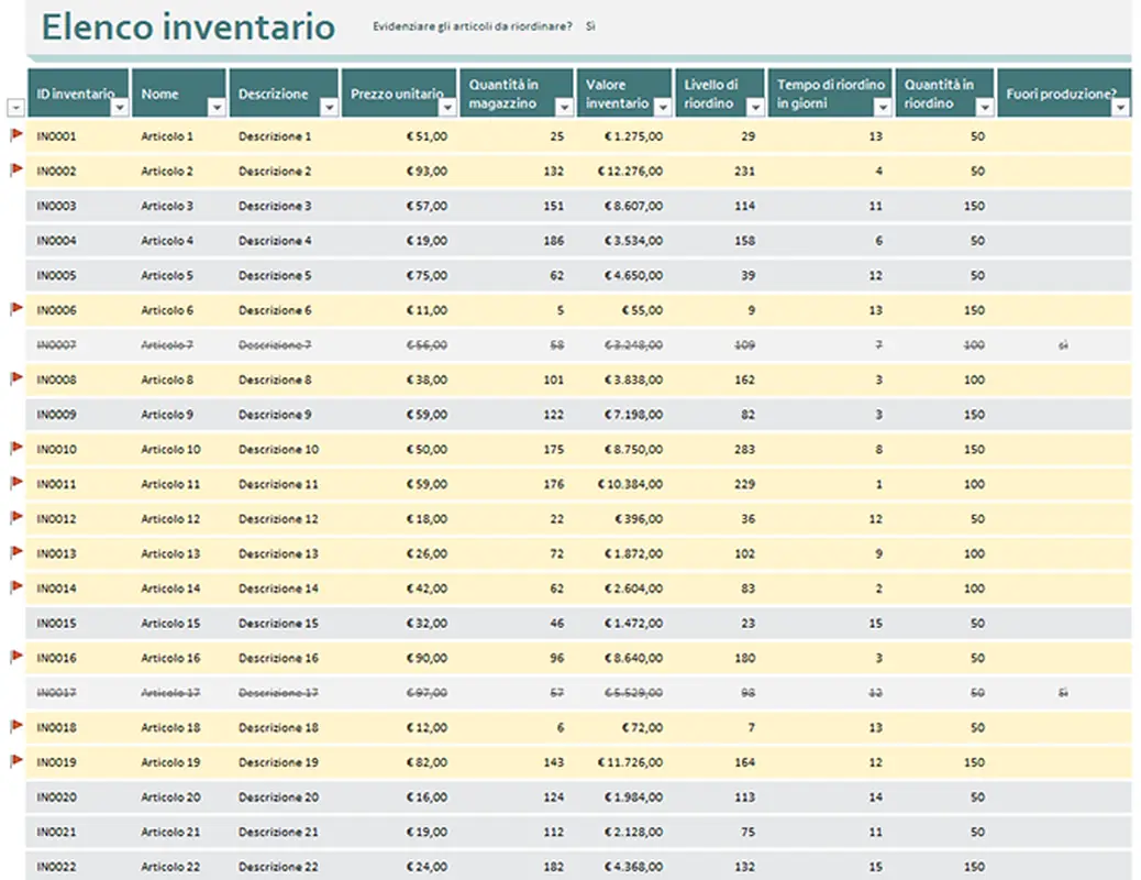 Elenco di inventario con evidenziazione per il riordino modern simple