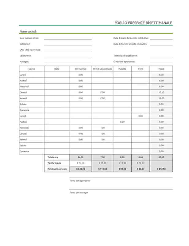 Scheda attività bisettimanale con assenze per malattia e ferie (con dati di esempio) modern simple